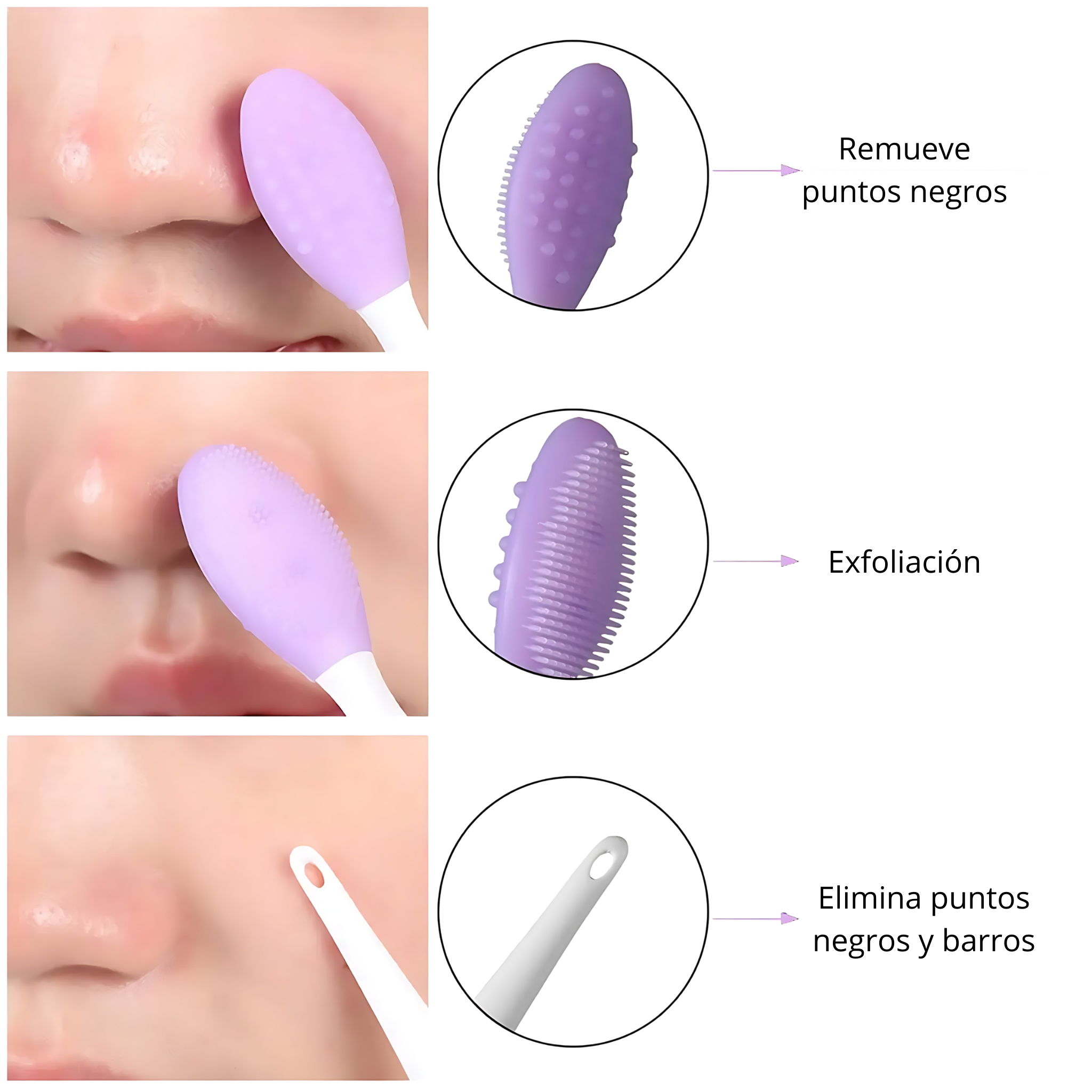 Cepillo de Silicona exfoliante de nariz, rostro y labios, removedor de impurezas, grasa y puntos negros.